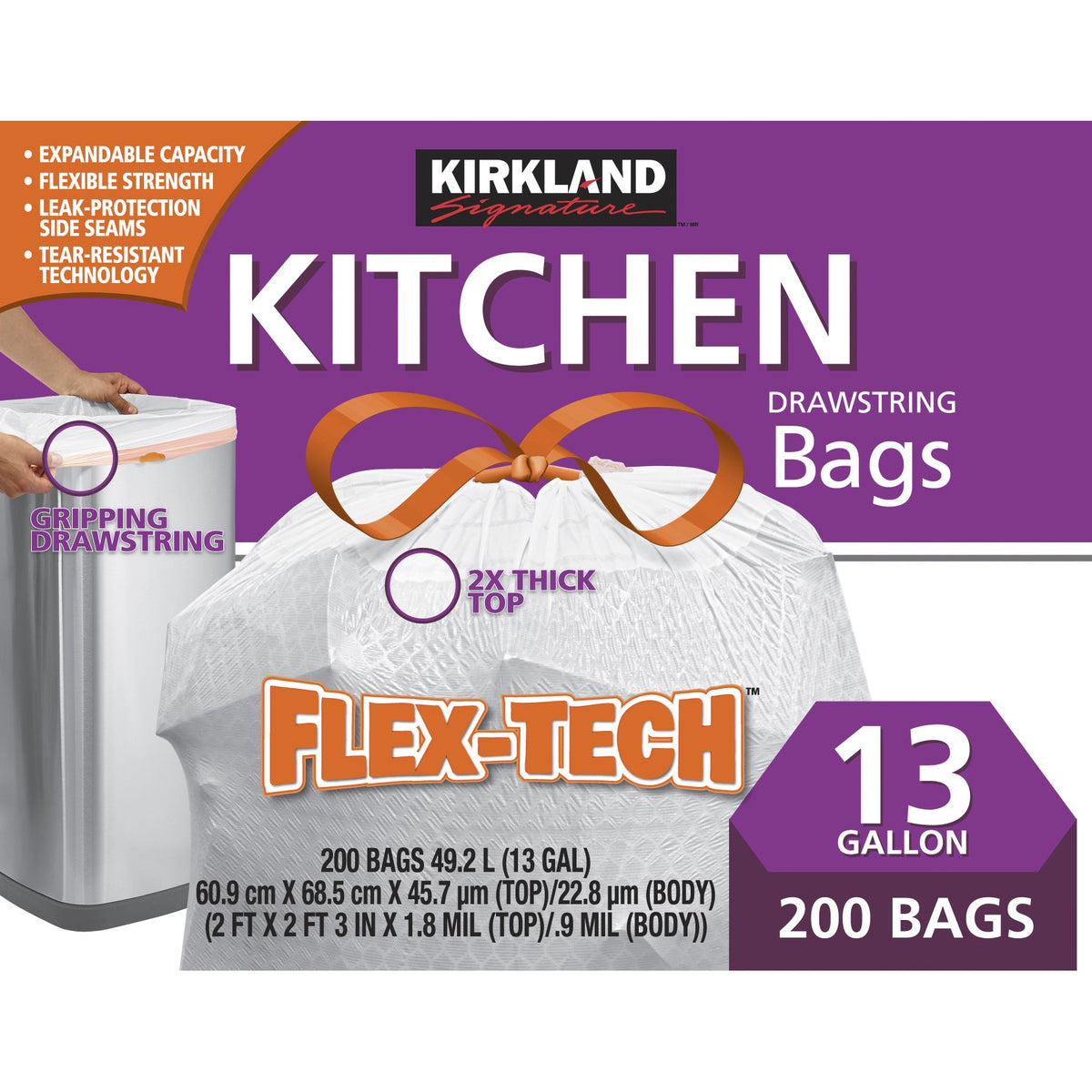 Kirkland Signature Kitchen Drawstring Trash Bags, Flex-Tech, White, 13 Gallon, 200 ct