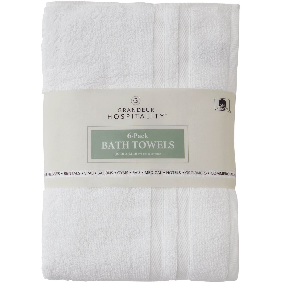 Grandeur Hospitality 100% Cotton Bath Towels, White, 6 ct