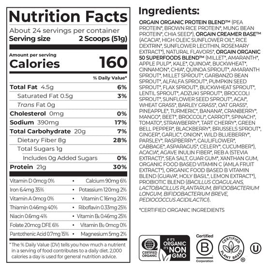 Orgain Organic Protein + 50 Superfoods Plant Based Protein Powder, 21g Protein, Vanilla Bean, 2.7 lbs