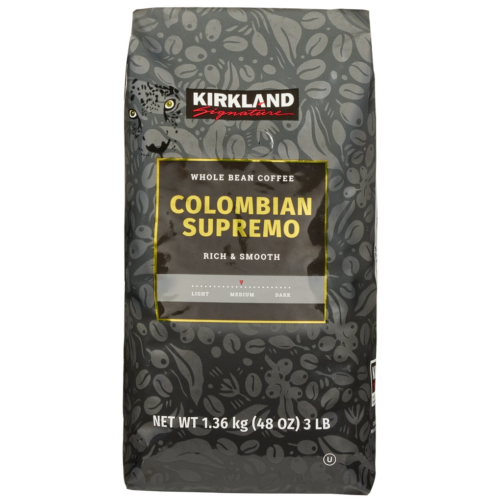 Kirkland Signature Colombian Supremo Whole Bean Coffee, Medium Roast, 3 lbs