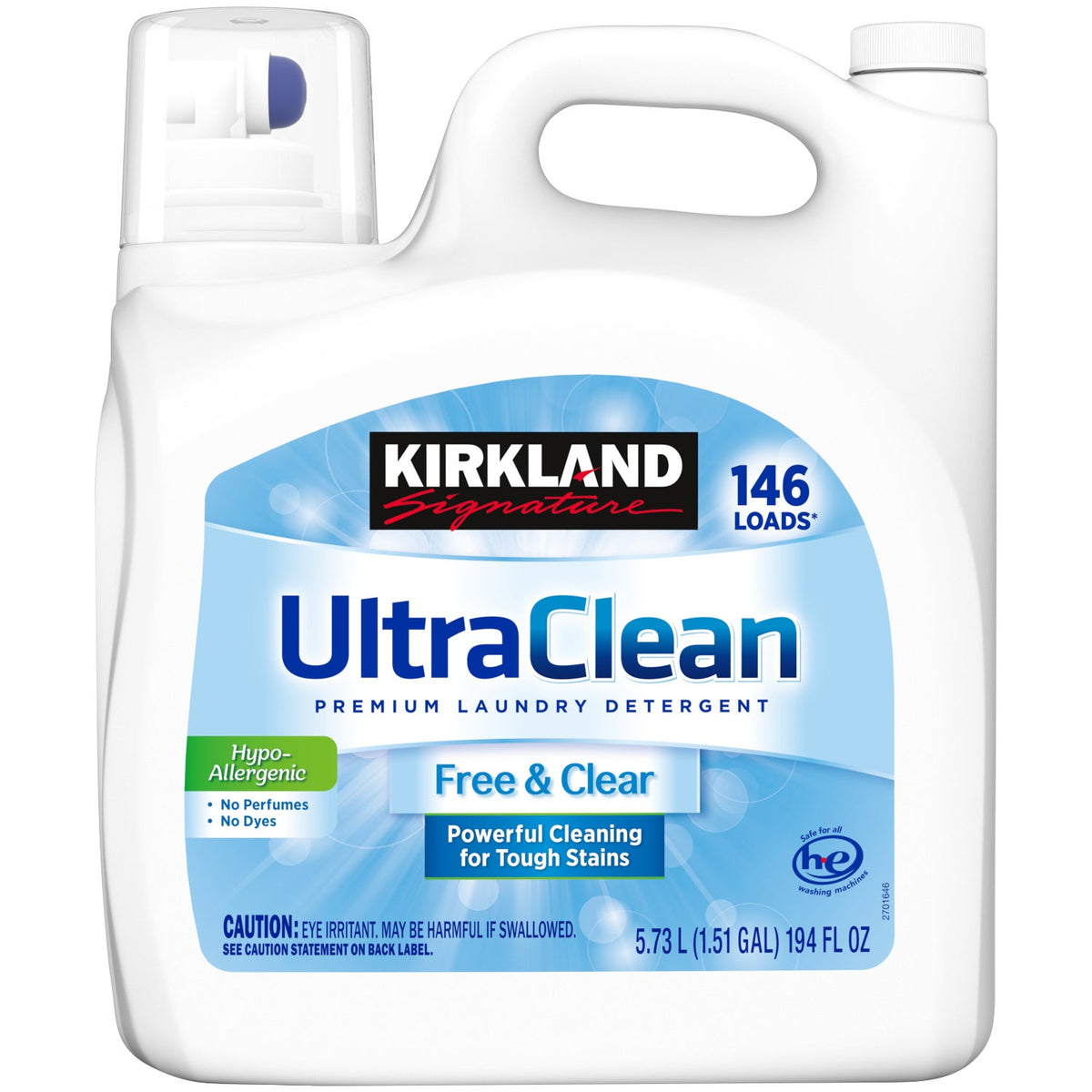 Kirkland Signature Liquid Laundry Detergent, Ultra Clean Free and Clear, HE Compatible, Unscented, 146 Loads, 194 fl oz