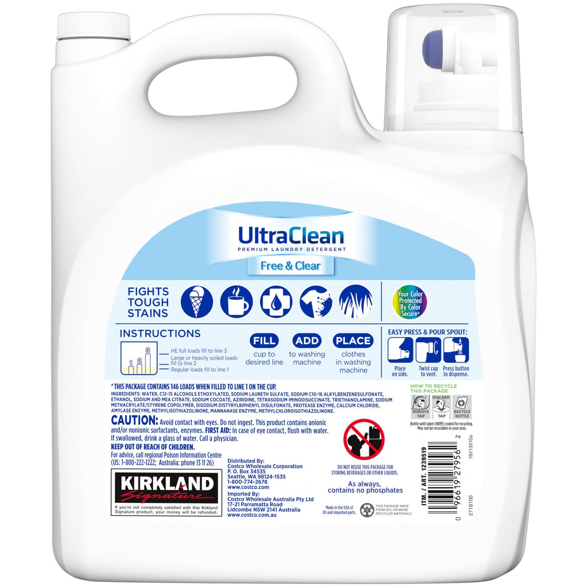 Kirkland Signature Liquid Laundry Detergent, Ultra Clean Free and Clear, HE Compatible, Unscented, 146 Loads, 194 fl oz - image 2