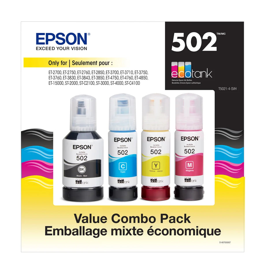 Epson T502 EcoTank Ink Bottles BK/C/Y/M, Club Pack