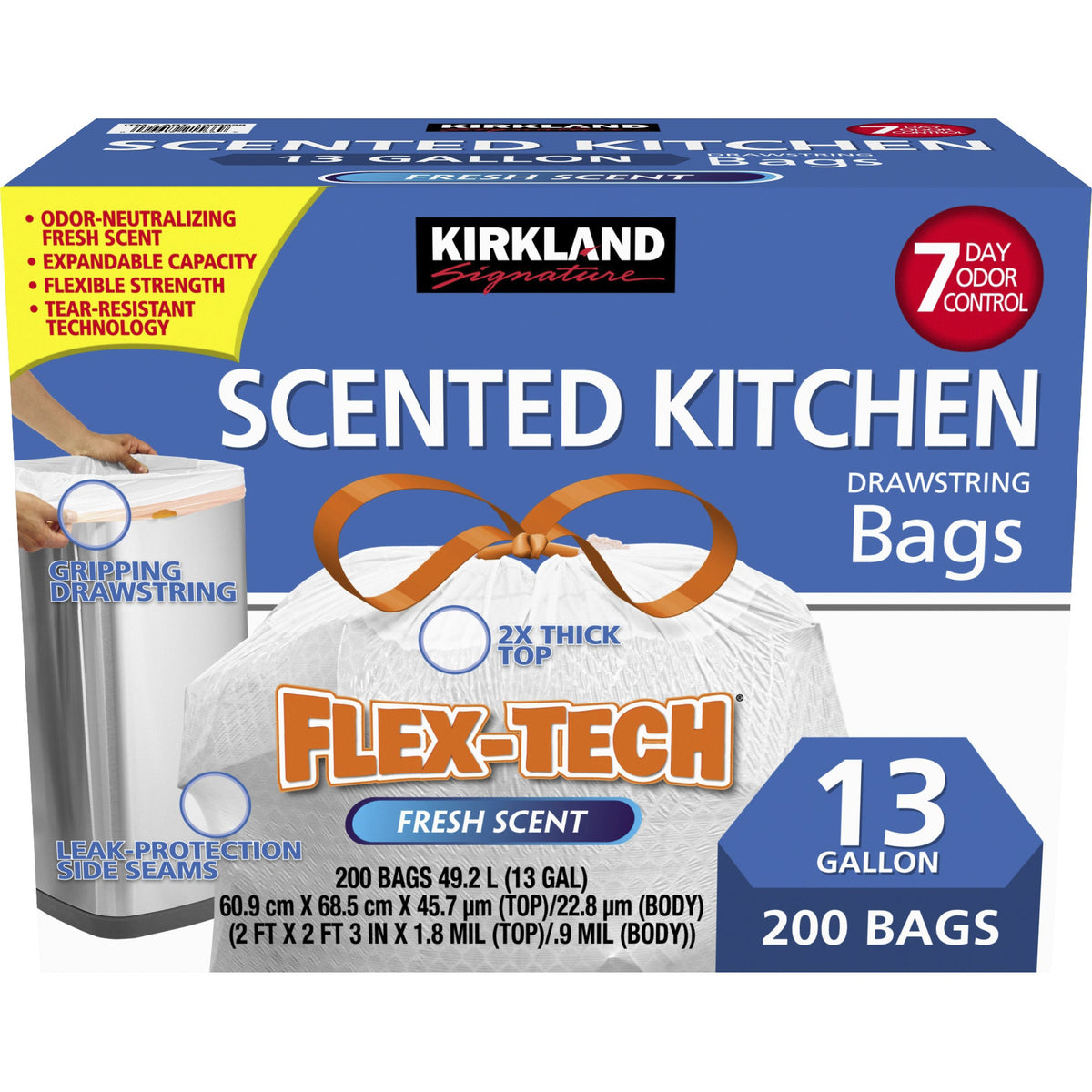 Kirkland Signature Scented Kitchen Drawstring Trash Bags, Flex-Tech, White, Fresh Scent, 13 Gallon, 200 ct