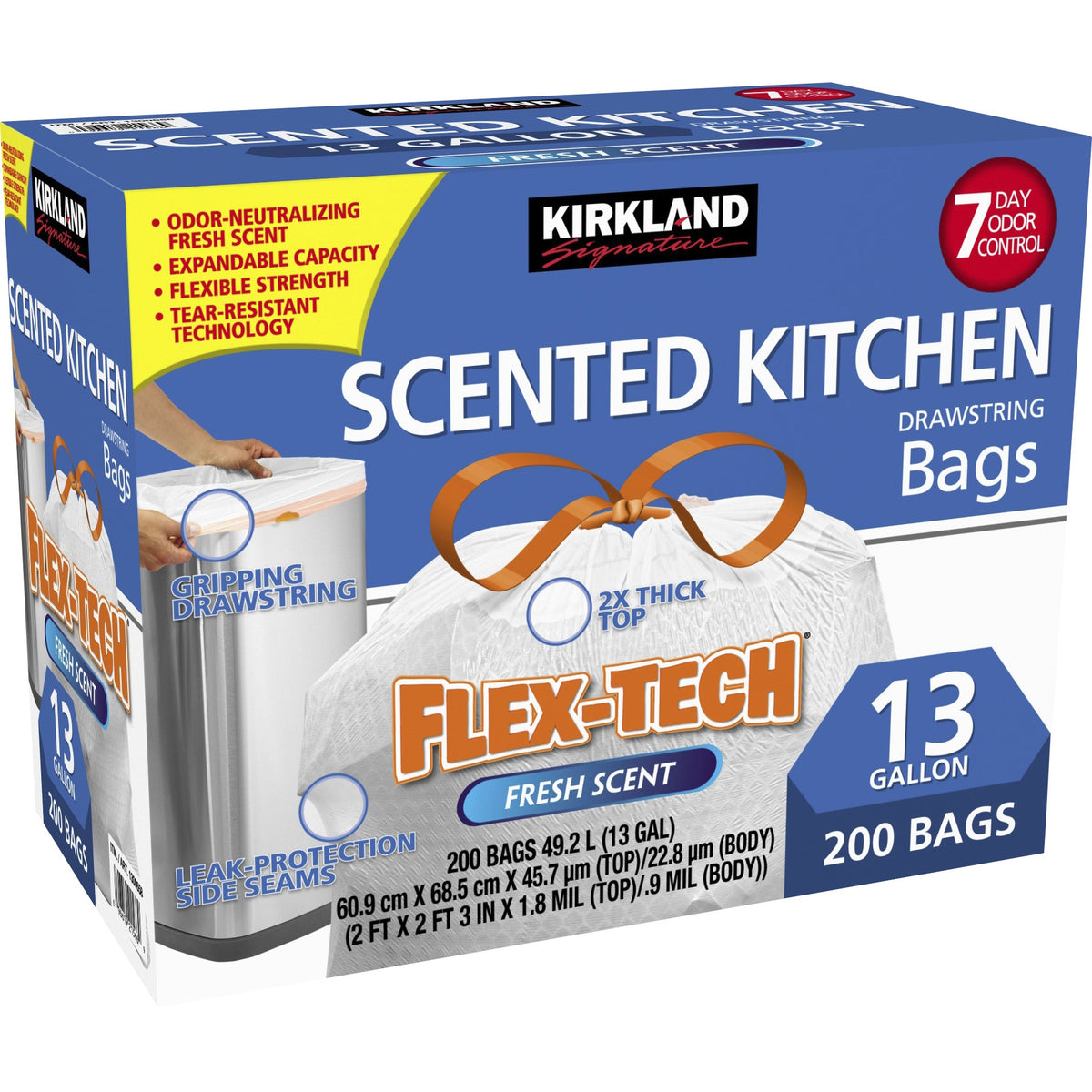 Kirkland Signature Scented Kitchen Drawstring Trash Bags, Flex-Tech, White, Fresh Scent, 13 Gallon, 200 ct - image 2