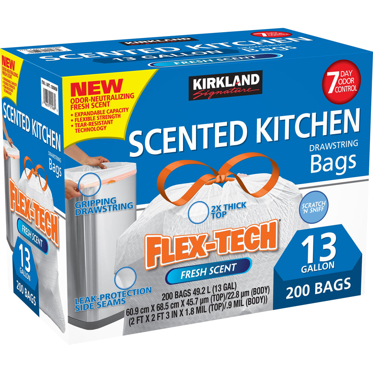 Kirkland Signature Scented Kitchen Drawstring Trash Bags, Flex-Tech, White, Fresh Scent, 13 Gallon, 200 ct - image 3