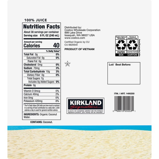 Kirkland Signature Organic Coconut Water, 33.8 fl oz, 9 ct