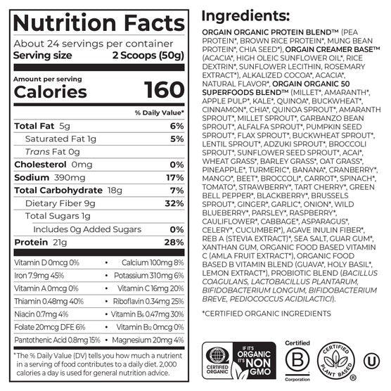 Orgain Organic Protein + 50 Superfoods Plant Based Protein Powder, 21g Protein, Creamy Chocolate Fudge, 2.64 lbs