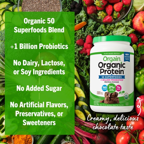 Orgain Organic Protein + 50 Superfoods Plant Based Protein Powder, 21g Protein, Creamy Chocolate Fudge, 2.64 lbs