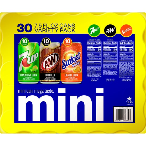 7UP, A&W, Sunkist Mini Can Variety Pack, 7.5 fl oz, 30 ct