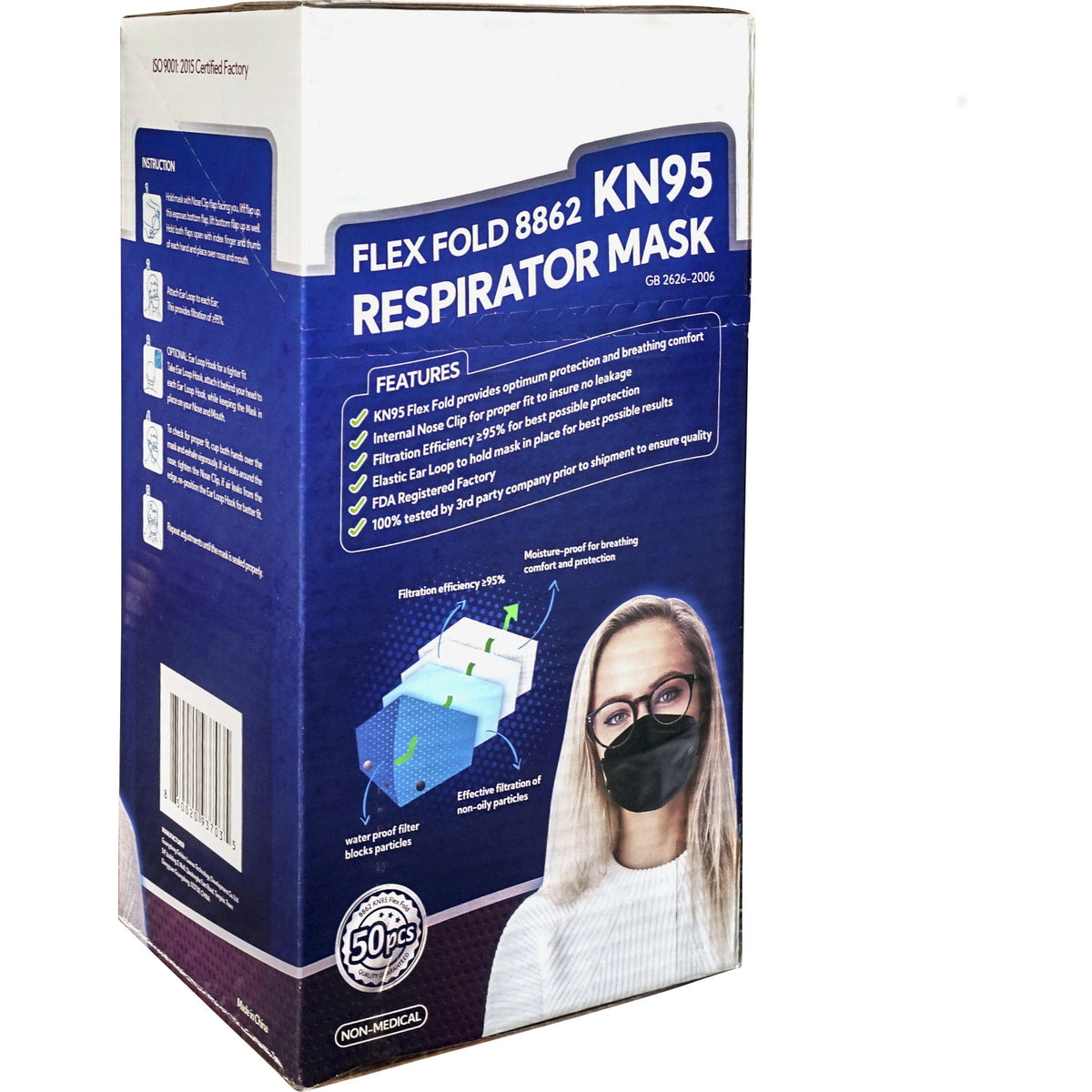 Flex Fold KN95 Respirator Face Mask, Black, 50 ct