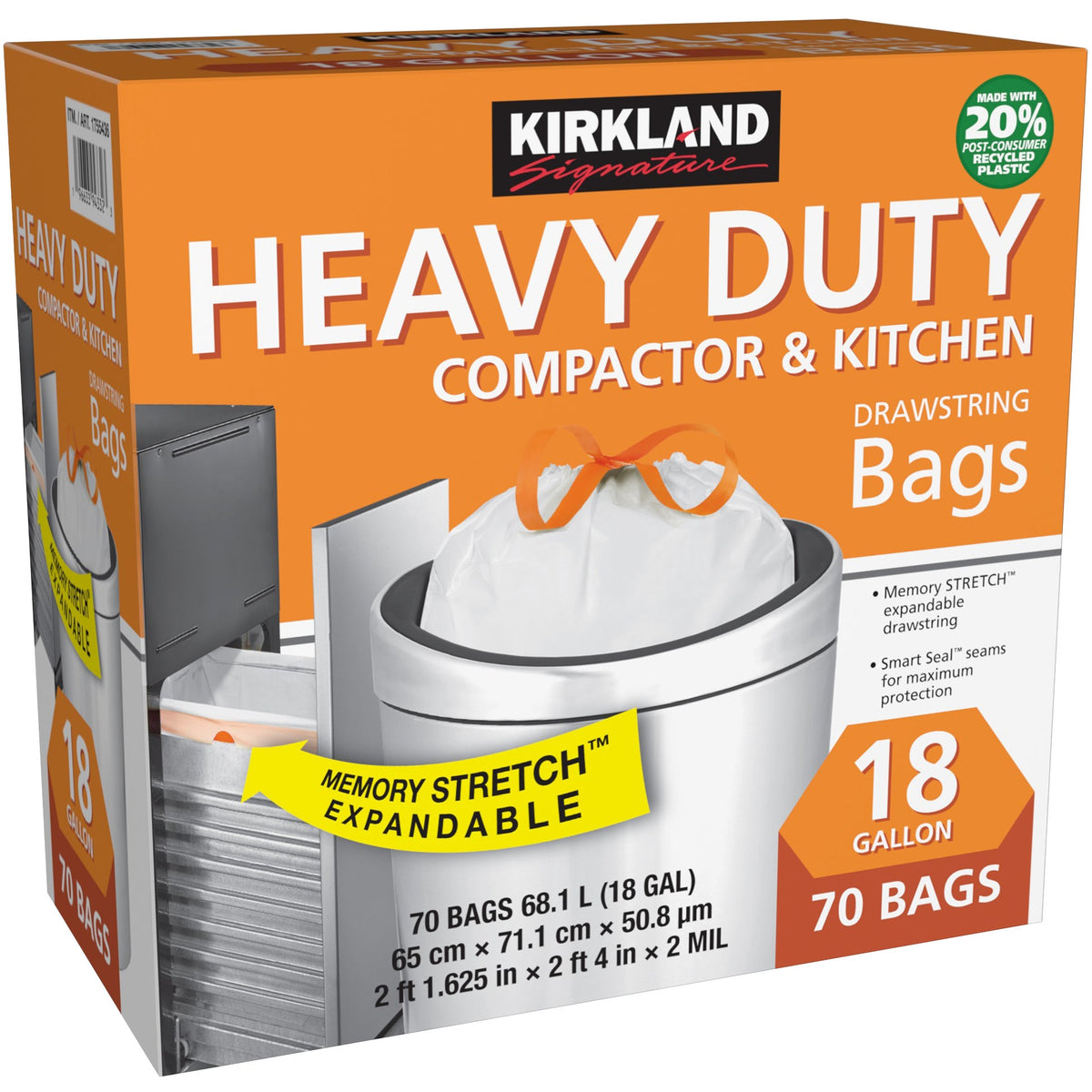 Kirkland Signature Compactor and Kitchen Trash Bags, 20% PCR, White, 18 Gallon, 70 ct