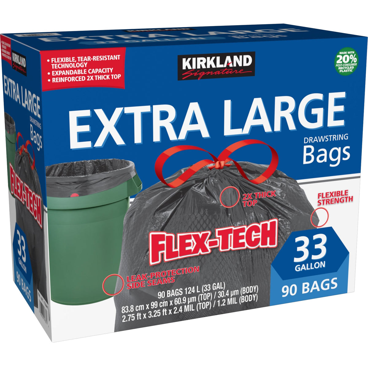 Kirkland Signature Extra Large Drawstring Trash Bags, Flex-Tech, 20% PCR, Black, 33 Gallon, 90 ct