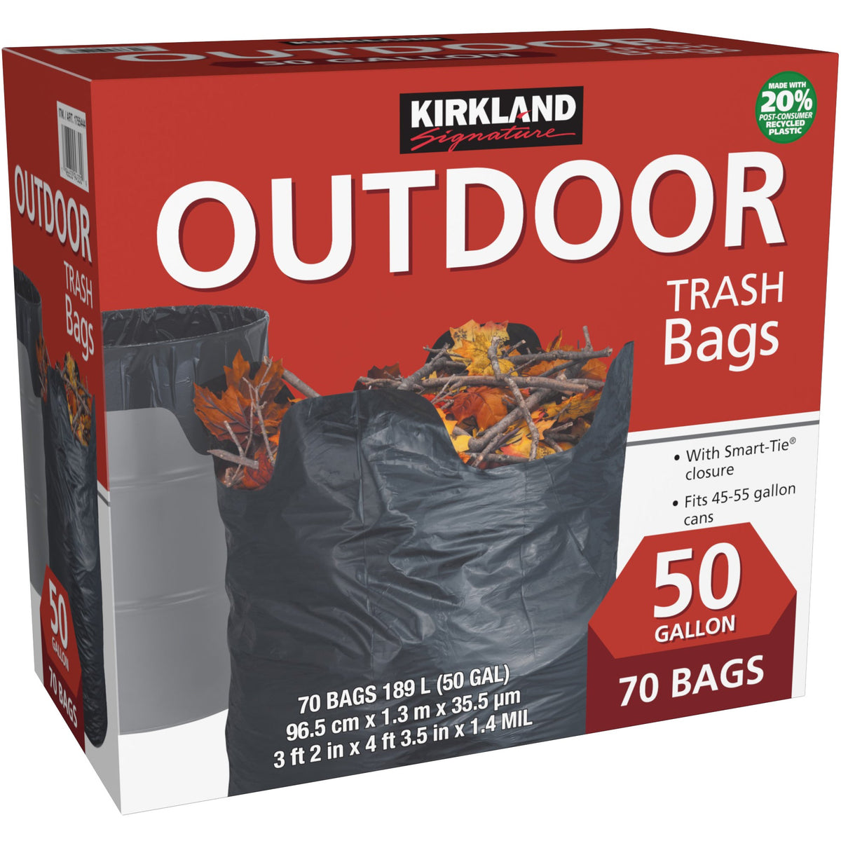 Kirkland Signature Outdoor Trash Bags, 20% PCR, Black, 50 Gallon, 70 ct