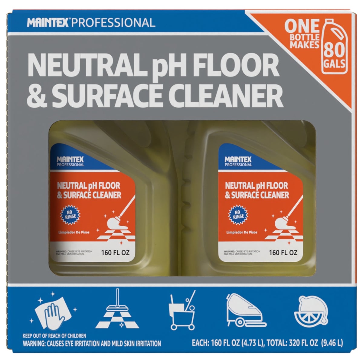 Maintex Professional Floor Cleaner, Rinse Free Neutral pH, Concentrated, 160 fl oz, 2 ct
