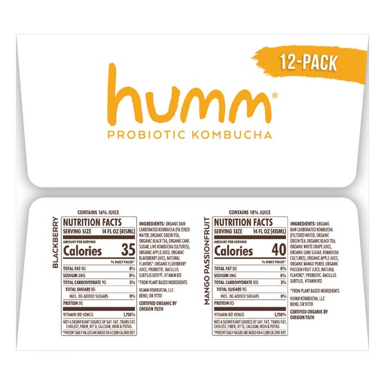 Humm Organic Probiotic Kombucha, Variety Pack, 14 fl oz, 12 ct