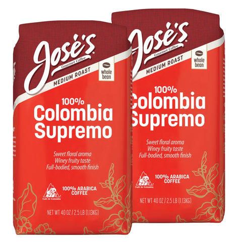 JJose’s 100% Colombia Supremo Whole Bean Coffee, Medium, 2.5 lbs, 2-pack