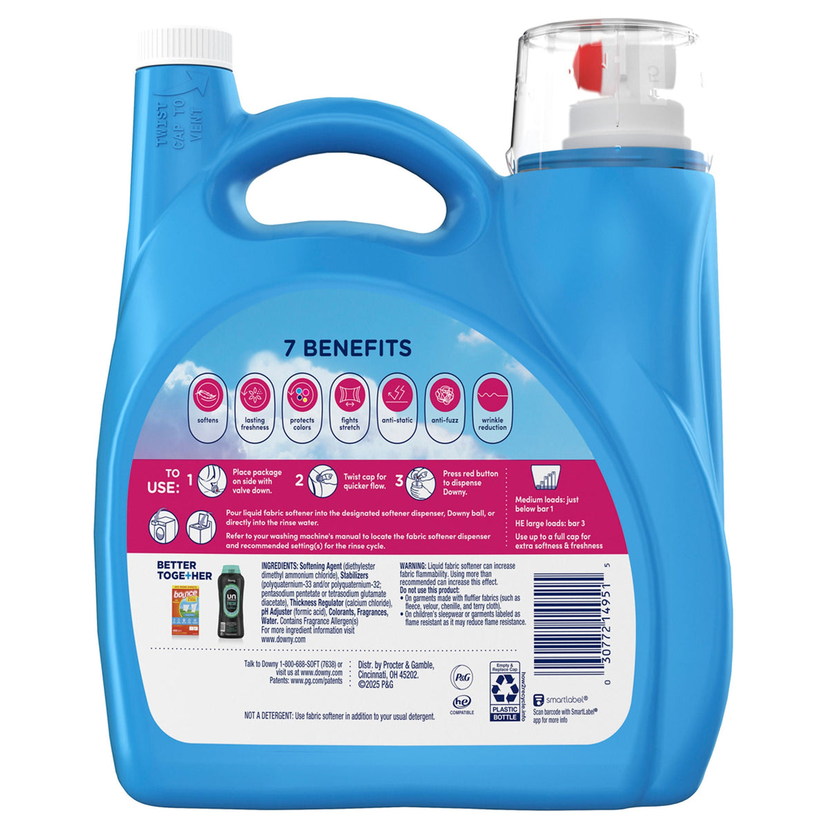 Downy 2-in-1 Liquid Fabric Softener, HE Compatible, April Fresh Scent, 257 Loads, 150 fl oz - image 2