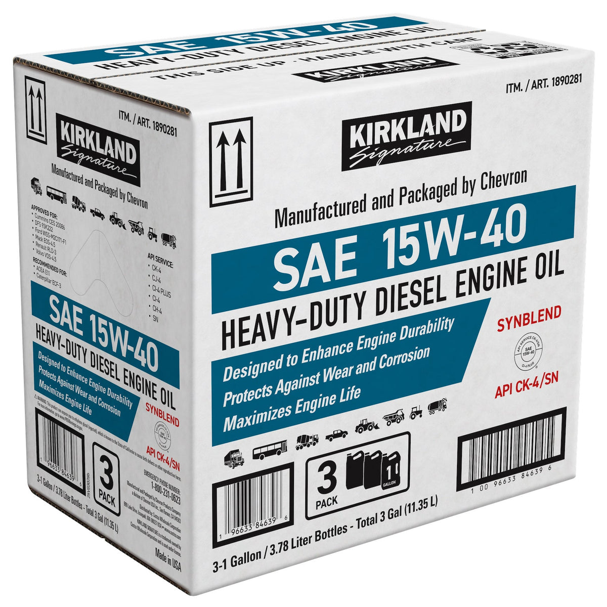 Kirkland Signature Synthetic Blend SAE 15W-40 Heavy-Duty Diesel Engine Oil, 1 Gallon, 3 ct