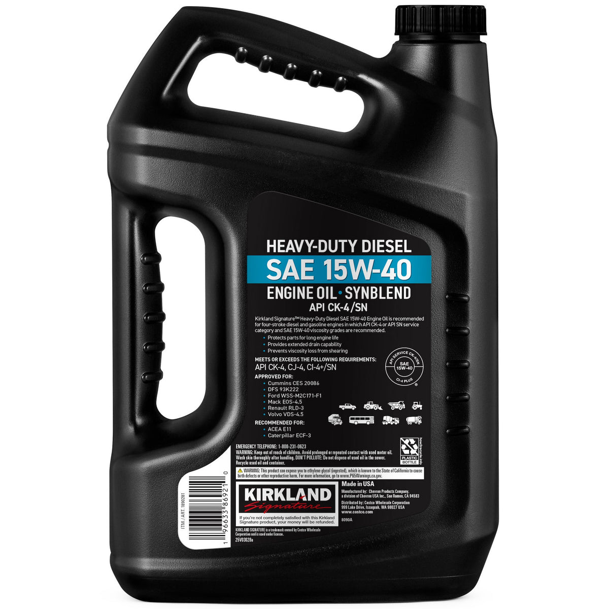 Kirkland Signature Synthetic Blend SAE 15W-40 Heavy-Duty Diesel Engine Oil, 1 Gallon, 3 ct - image 3