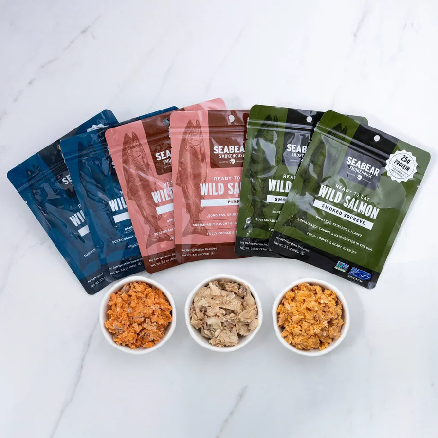 SeaBear Ready to Eat Wild Salmon Variety Pack, 9 Pouches (3.5 oz. each)