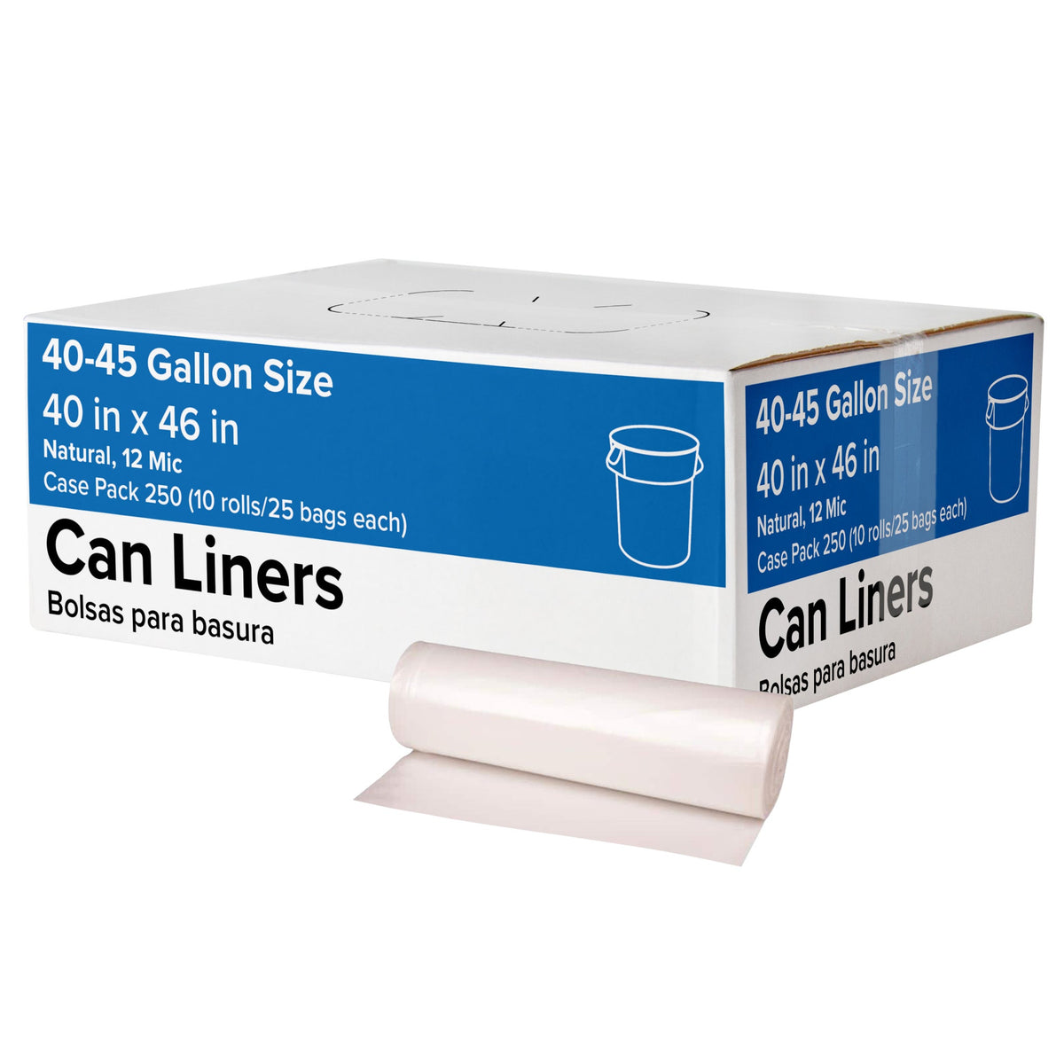 Trash Can Liners, 40-45 Gallon, 12 mic, Natural, 250 ct