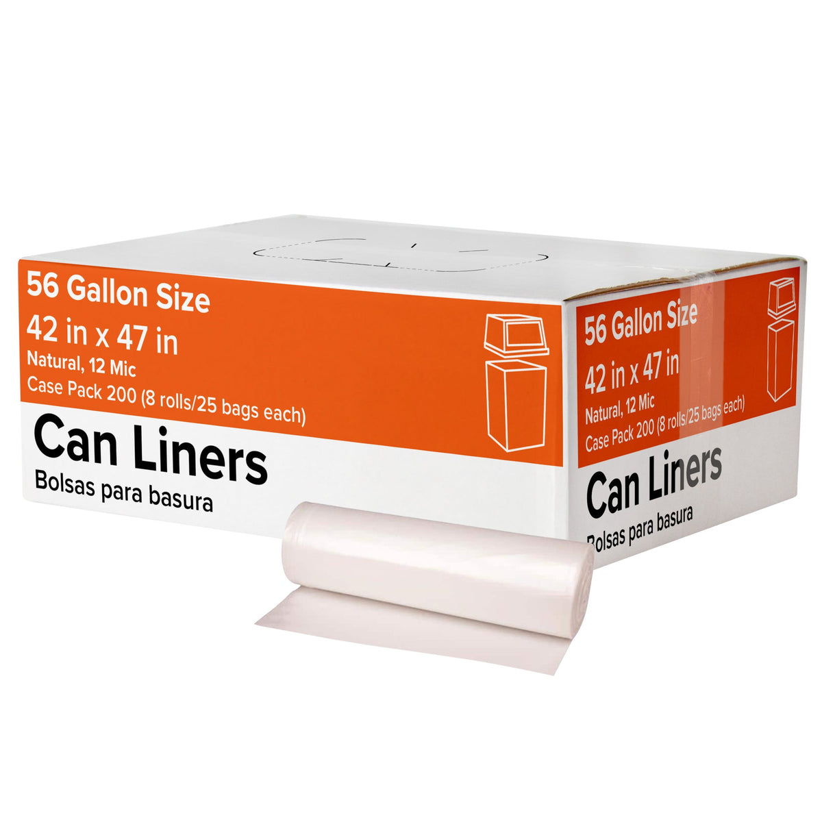 Trash Can Liners, 56 Gallon, 12 mic, Natural, 200 ct