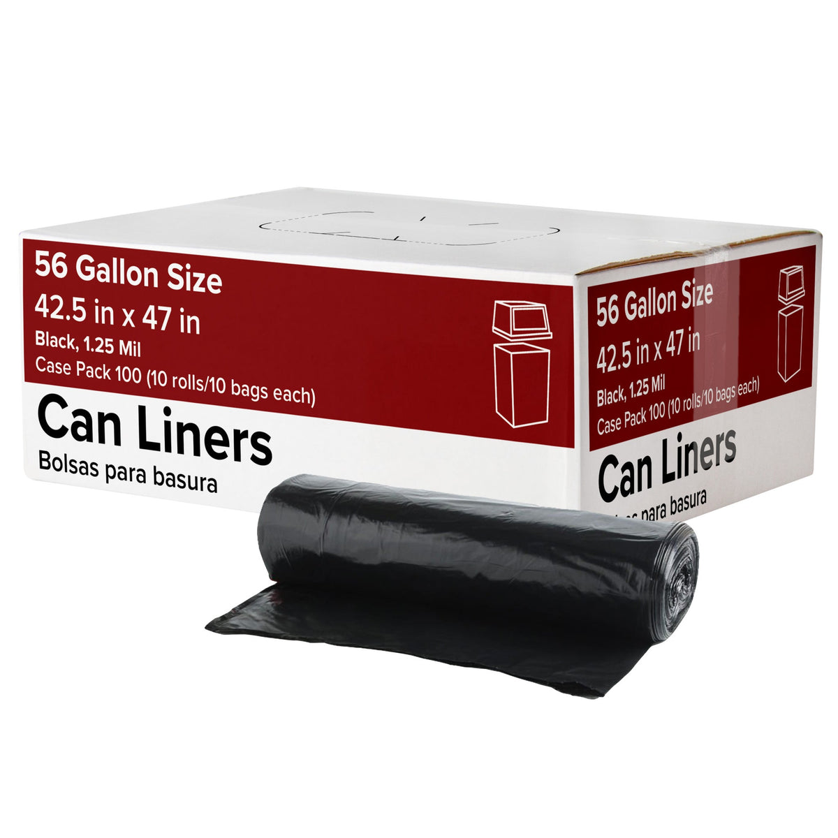 Trash Can Liners, 56 Gallon, 1.25 mil, Black, 100 ct