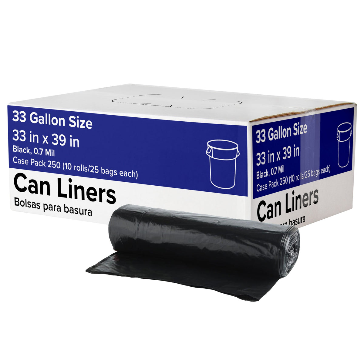 Trash Can Liners, 33 Gallon, 0.7 mil, Black, 250 ct