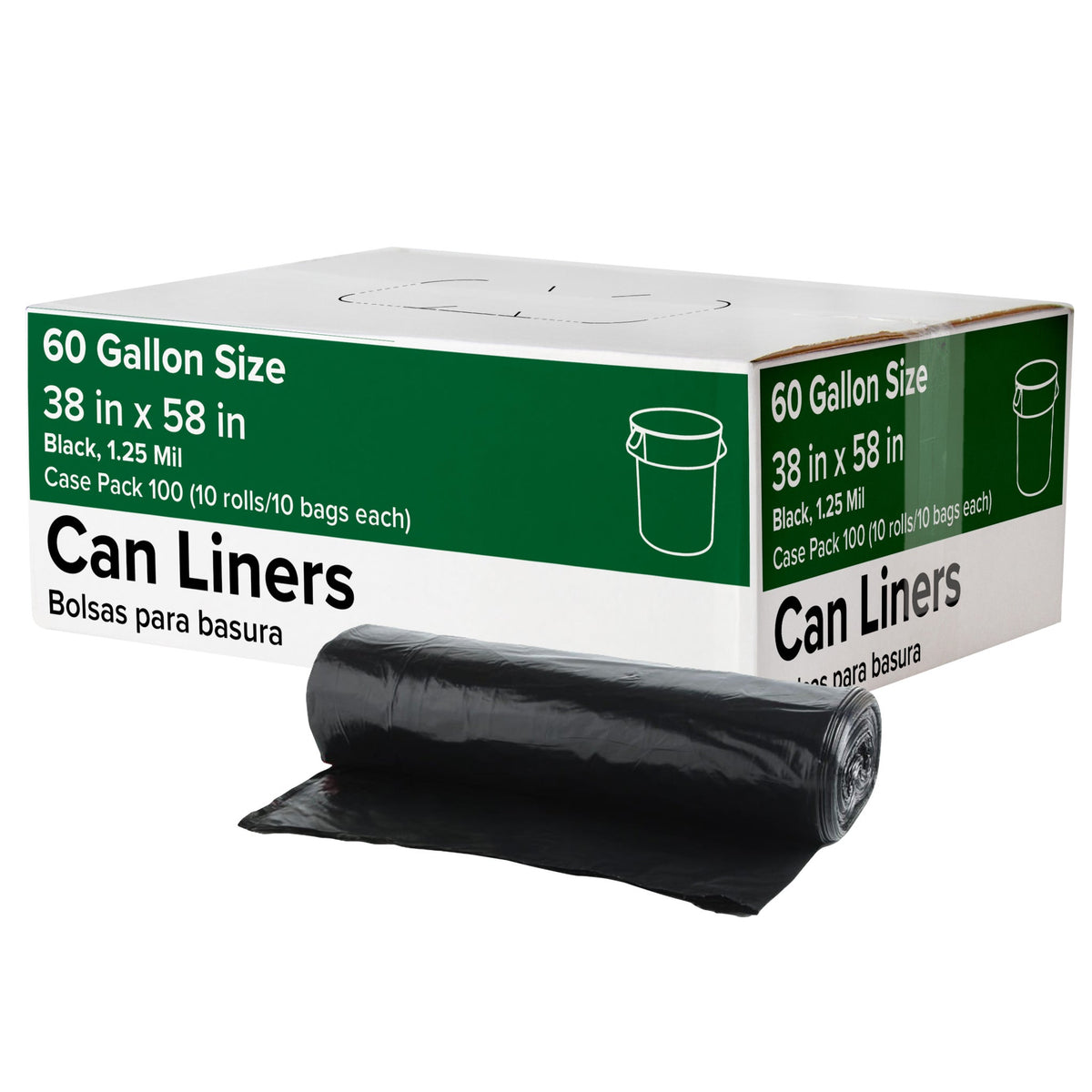 Trash Can Liners, 60 Gallon, 1.25 mil, Black, 100 ct