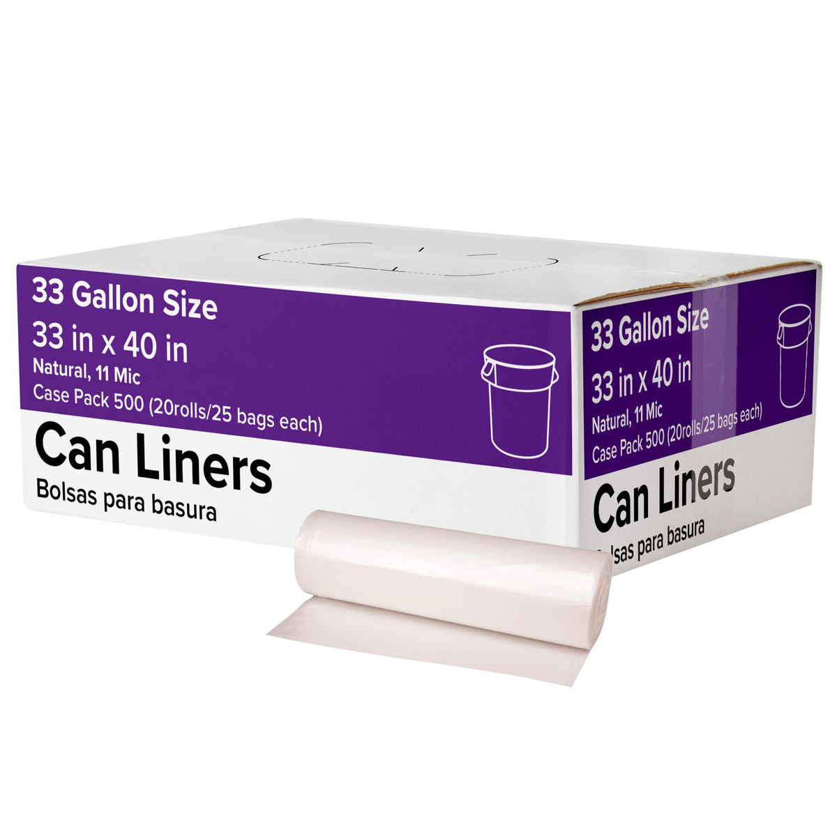 Trash Can Liners, 33 Gallon, 11 mic, Natural, 500 ct