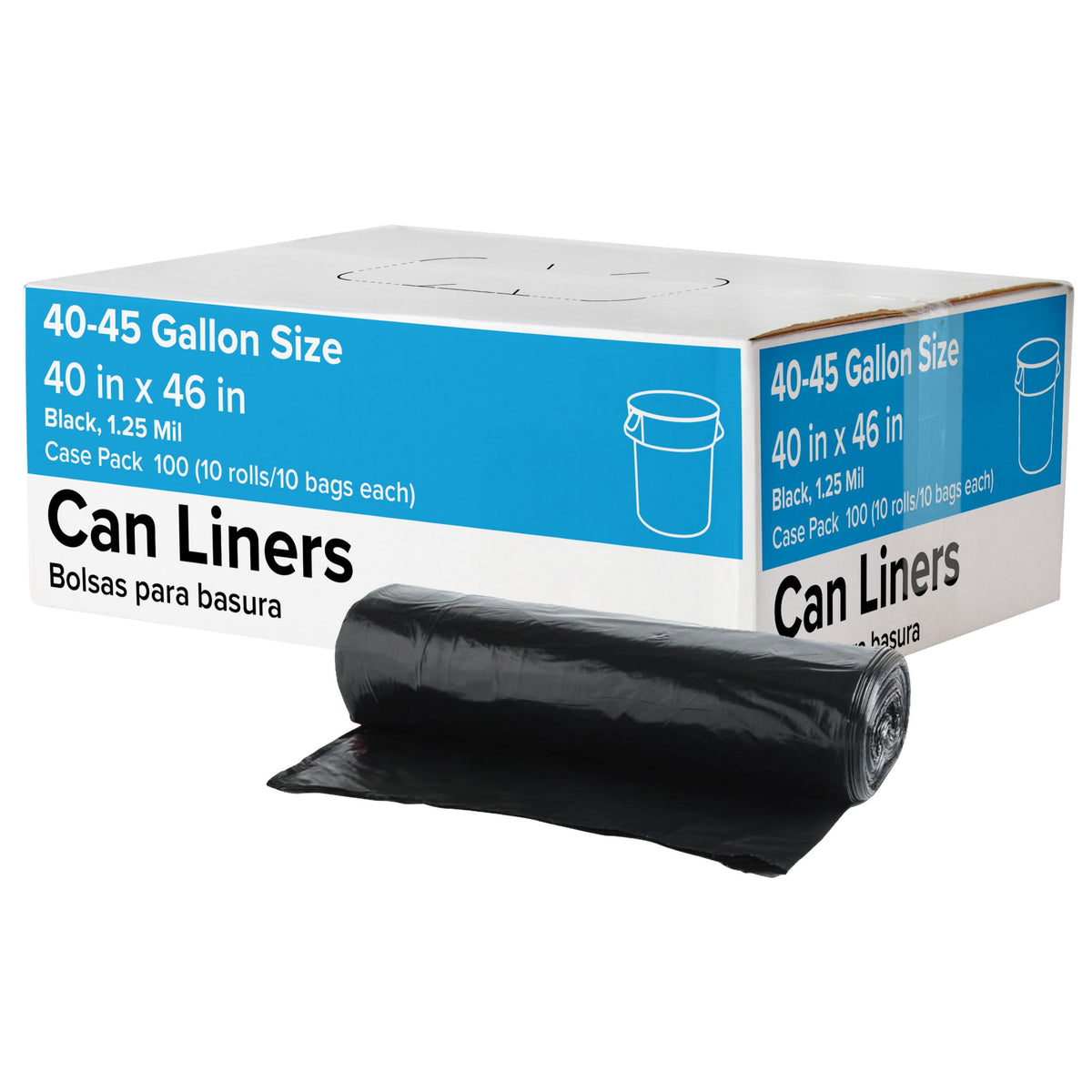 Trash Can Liners, 40-45 Gallon, 1.25 mil, Black, 100 ct