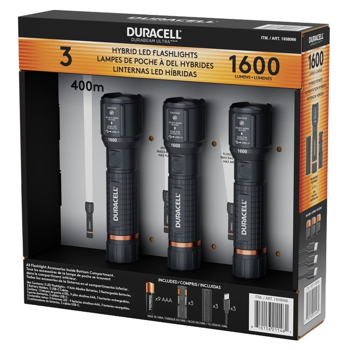 Duracell Hybrid LED Flashlight, Durabeam Ultra, 1600L, 3 ct
