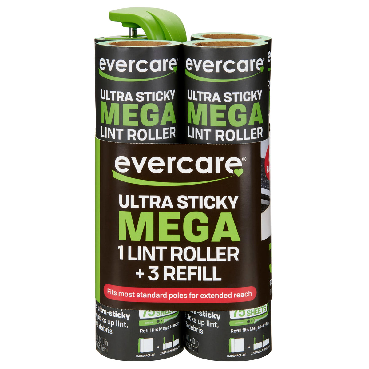 Evercare Mega Lint Roller, Ultra Sticky, 40'L x 10"W, Mega Roller + 3 Refills