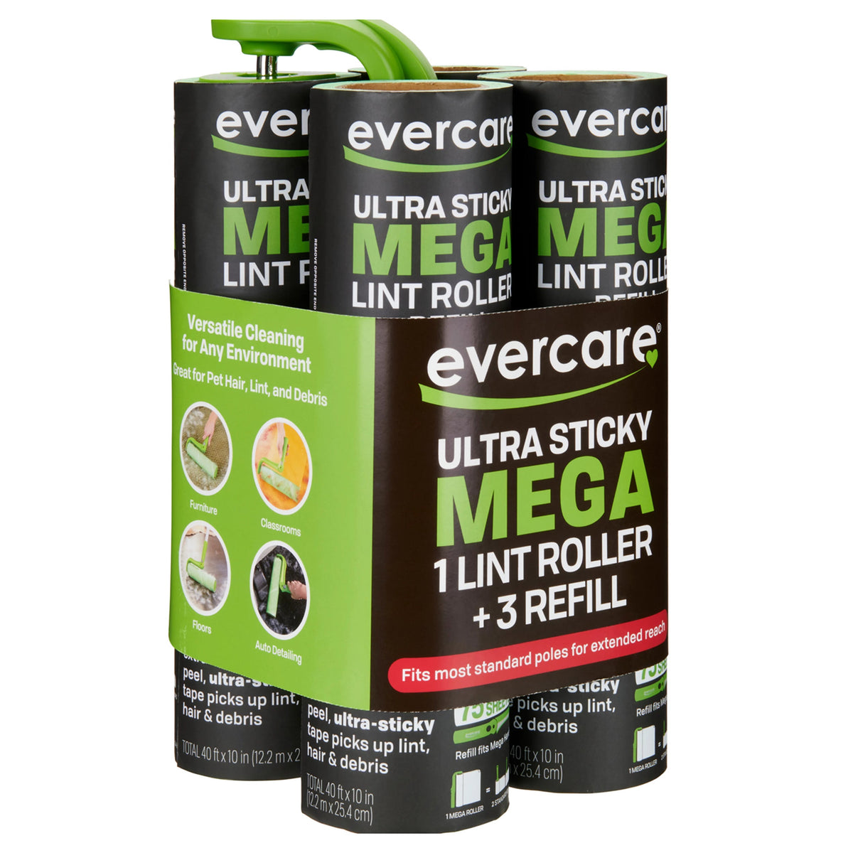 Evercare Mega Lint Roller, Ultra Sticky, 40'L x 10"W, Mega Roller + 3 Refills - image 2