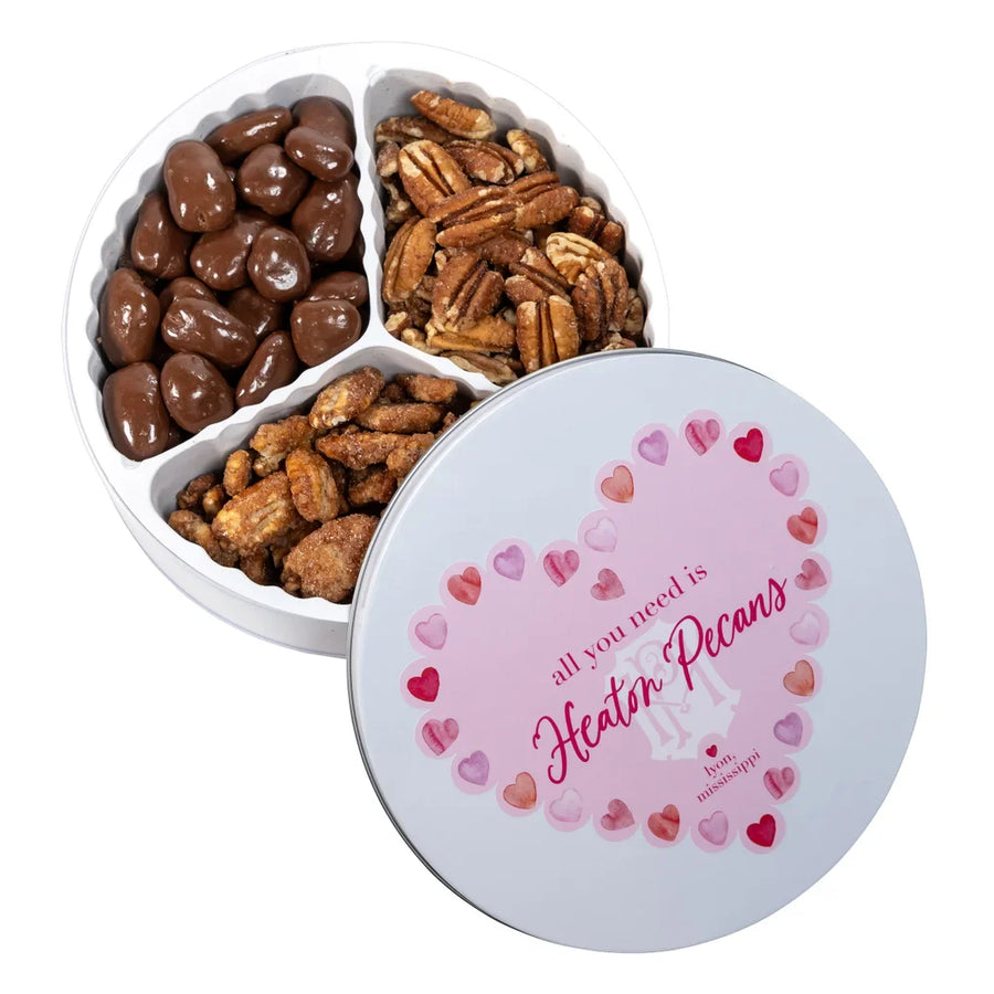 Heaton Pecans Valentine's Day Tin, Roasted Salted Pecans, Chocolate Covered Pecans, Praline Pecan Tin, 2.3 lb Total