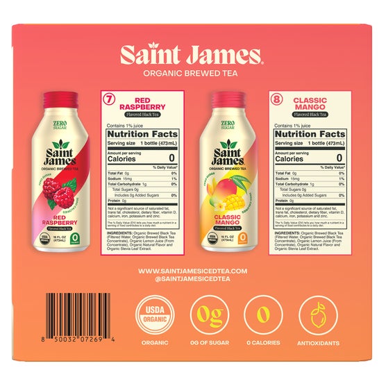 Saint James Organic Brewed Tea, Zero Sugar, Variety Pack, 16 fl oz, 15 ct
