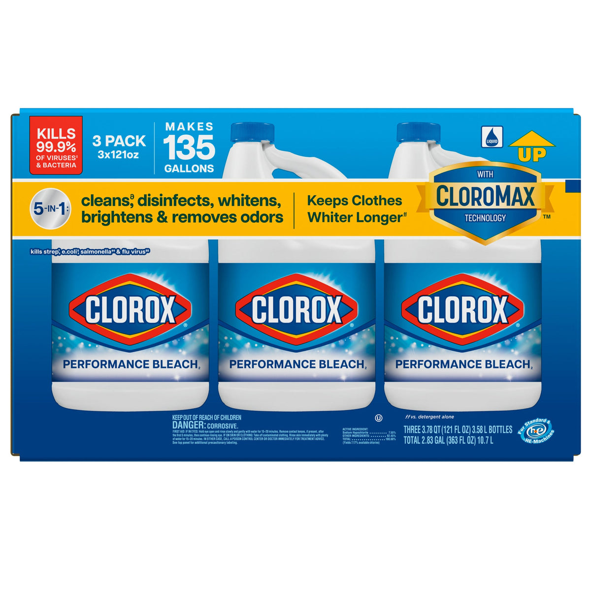 Clorox Performance Bleach with CloroMax, Concentrated, 121 fl oz, 3 ct