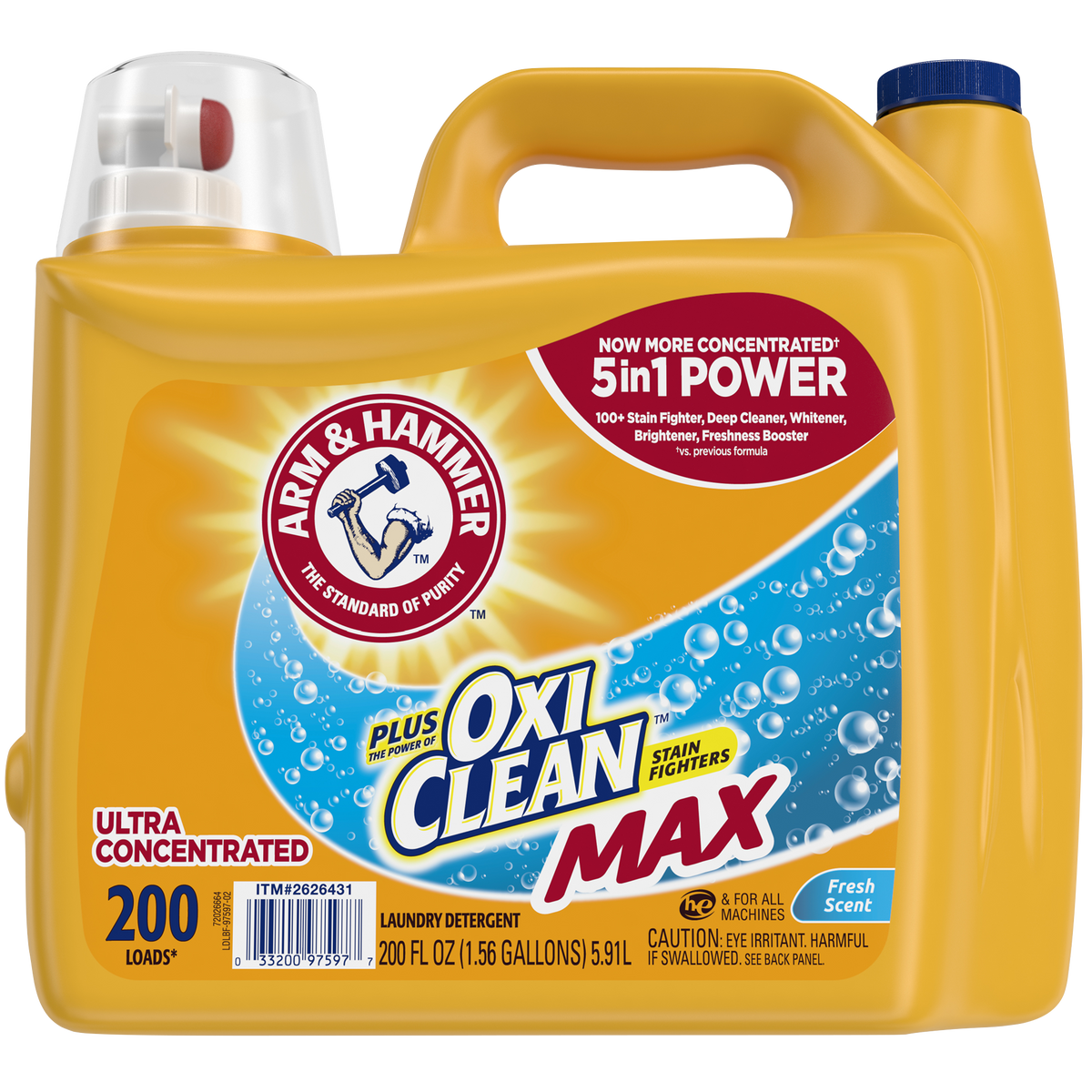 Arm & Hammer Liquid Laundry Detergent, Plus OXI Clean Max, Ultra Concentrated, HE Compatible, Fresh Scent, 200 Loads, 200 fl oz