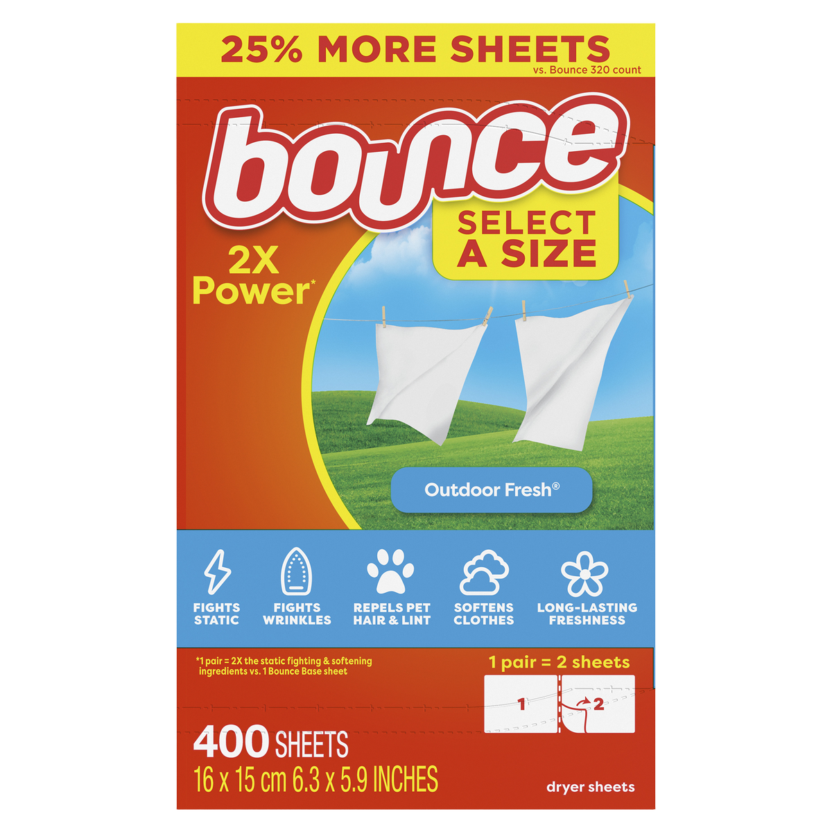 Bounce Fabric Softener Dryer Sheets, Select-a-Size, Outdoor Fresh Scent, 400 ct
