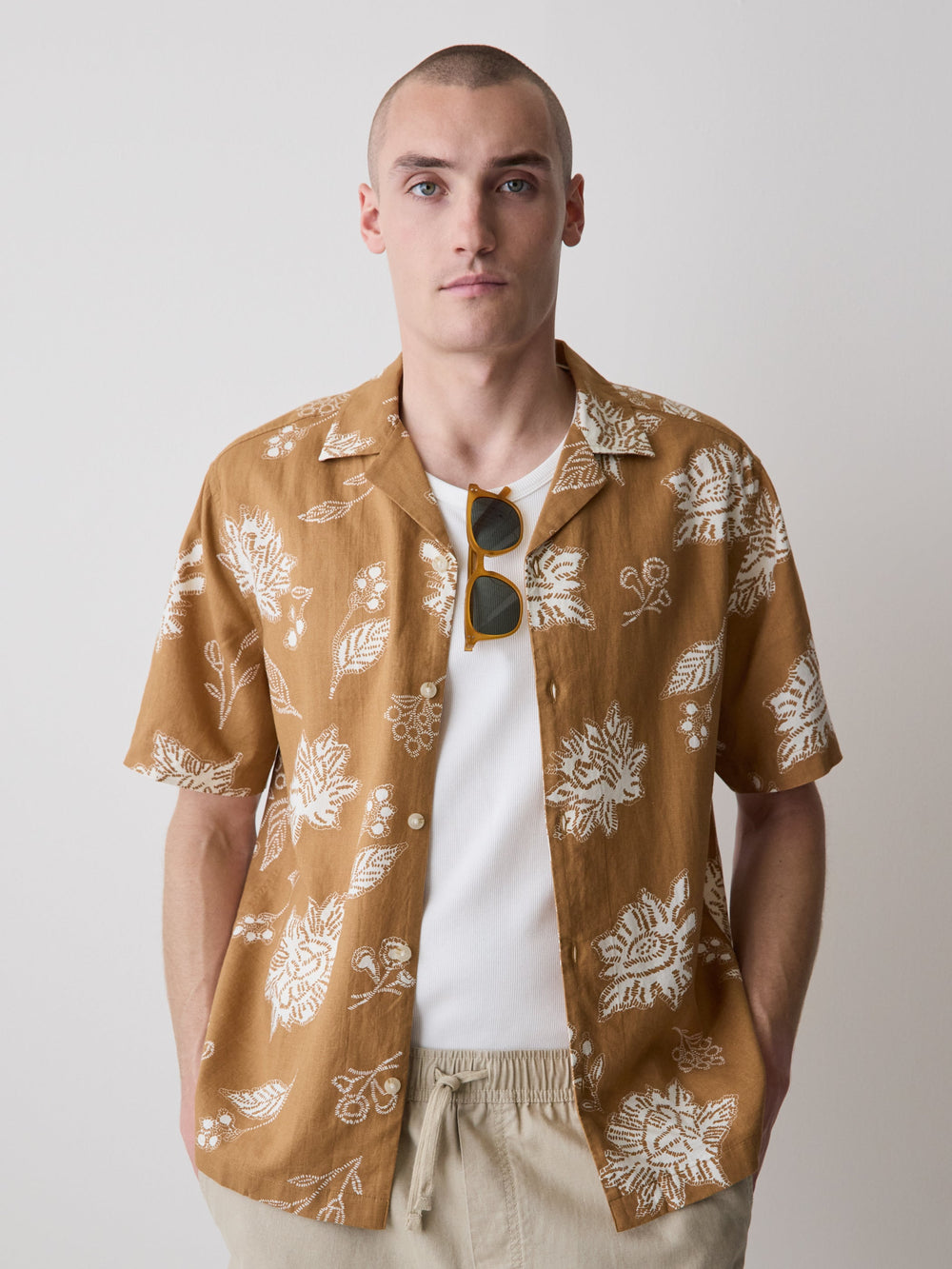 Linen-Blend Short-Sleeve Shirt with Print