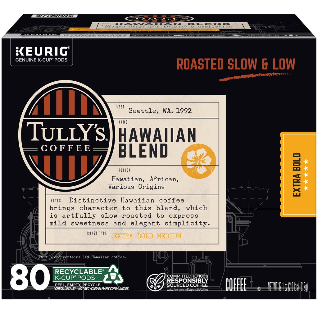 Tully's Hawaiian Blend Coffee, Extra Bold Medium Roast, Keurig K-Cup Pods, 80 ct