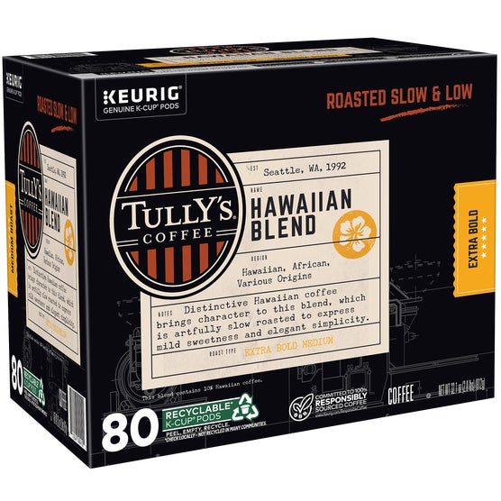 Tully's Hawaiian Blend Coffee, Extra Bold Medium Roast, Keurig K-Cup Pods, 80 ct