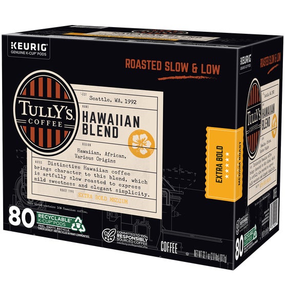 Tully's Hawaiian Blend Coffee, Extra Bold Medium Roast, Keurig K-Cup Pods, 80 ct