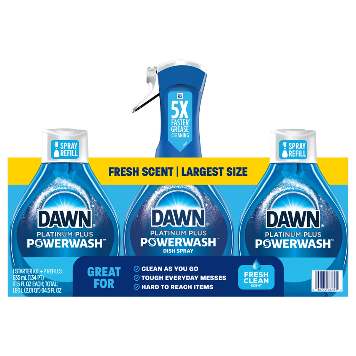 Dawn Platinum Plus Powerwash Liquid Dish Detergent Spray, Fresh Clean Scent, 1 Starter Kit + 2 Refills