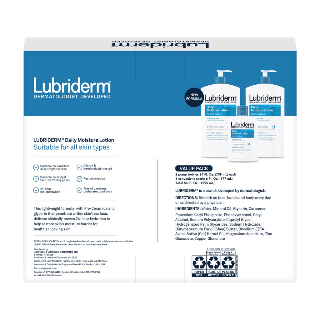 Lubriderm Daily Moisture Lotion, Fragrance Free 24 fl oz, 2-count + 6 fl oz Travel Size - product image