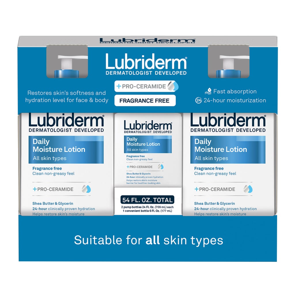 Lubriderm Daily Moisture Lotion, Fragrance Free 24 fl oz, 2-count + 6 fl oz Travel Size - product image