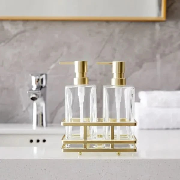 Home decor 3 piece glass soap dispenser set with metal storage caddy