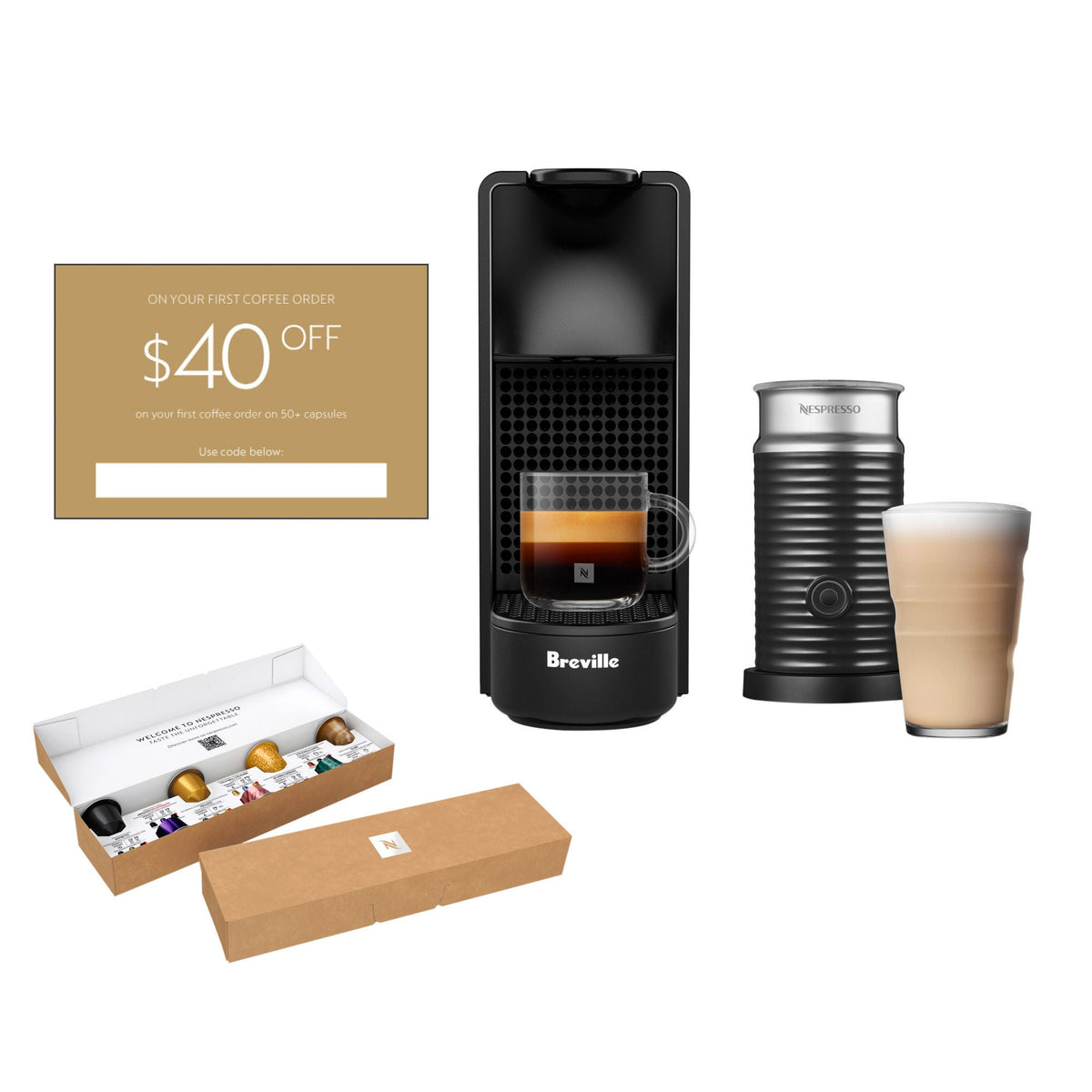 Nespresso Essenza Mini Espresso Machine by Breville, with Aeroccino Milk Frother