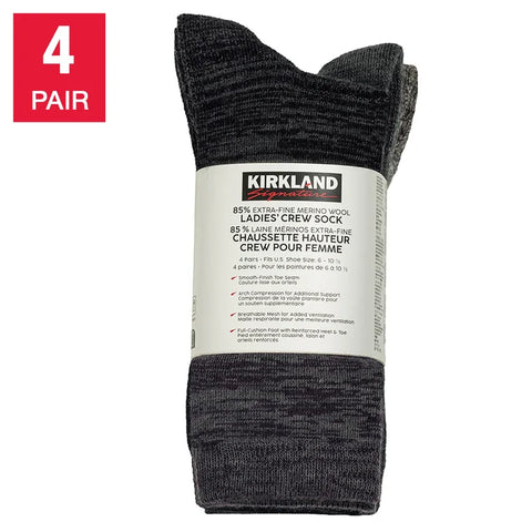 Kirkland Signature Women's Extra-Fine Merino Wool Blend Crew Sock, 4-pair
